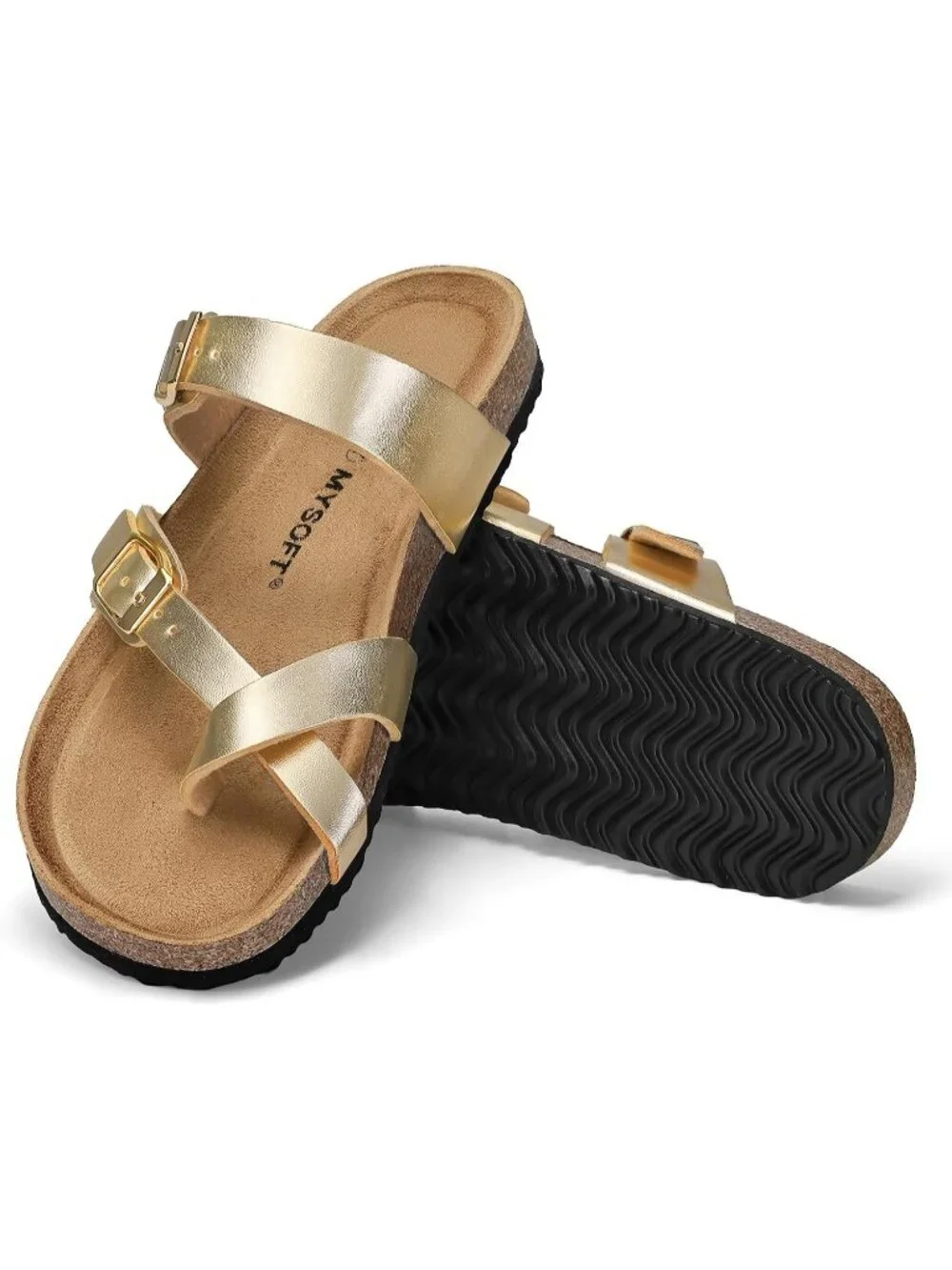 Women's Gold Double Adjustable Buckle Slide Cork Footbed Slip On Sandal Shoes